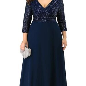 Ever Pretty Blue V-Neck Gown with 3/4 Sleeves
